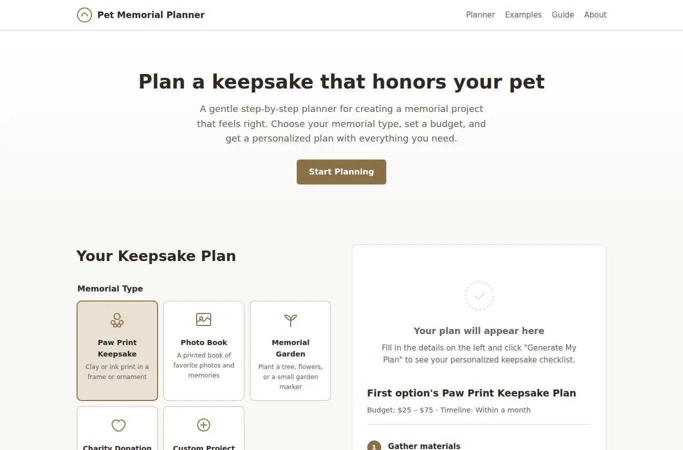 Screenshot of Pet Memorial Keepsake Planner interface showing the project page in use